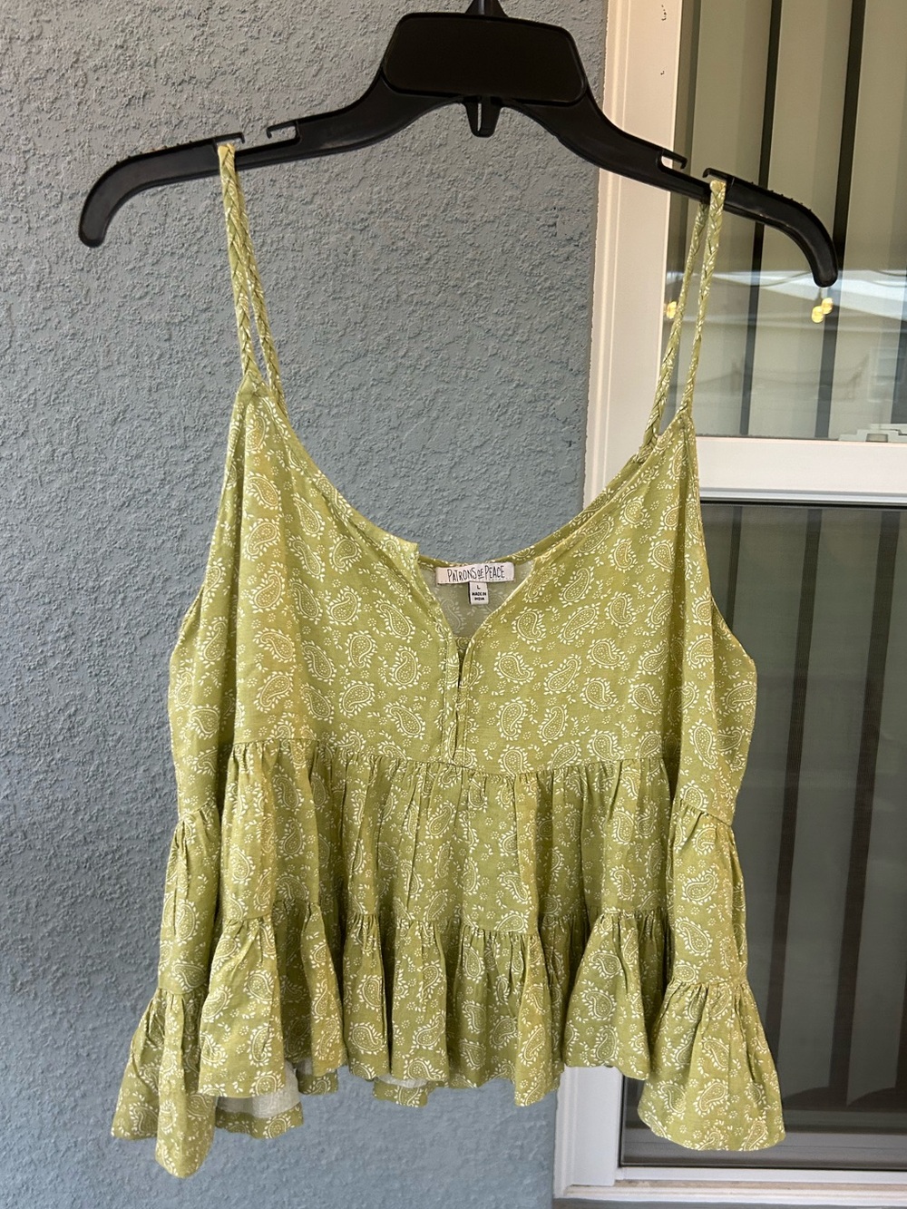 Patrons of Peace Boho Paisley Babydoll Tank Tiered Ruffle Top Size Large V-neck